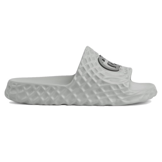 Gucci Slide Sandal Lateral Profile View in Grey Profile view of the grey Gucci slide sandal showing textured side walls and logo
