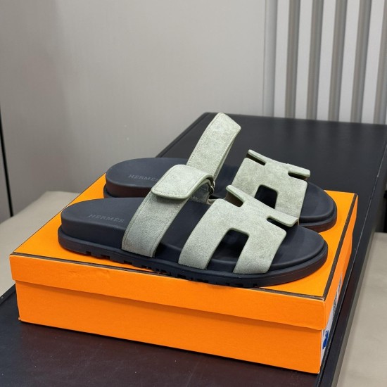 Hermes Chypre Sandals In Green Jade Angled Box View Hermes Chypre Sandals In Green Jade angled box view