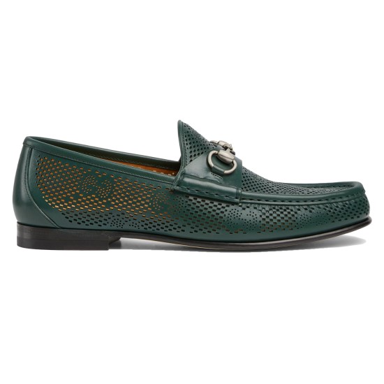 Men's Green Perforated Leather Horsebit 1953 Loafers Side Profile in green and silver Side view of Men's Green Perforated Leather Horsebit 1953 Loafers showing silver-tone hardware and stacked heel