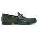 Men's Green Perforated Leather Horsebit 1953 Loafers Side Profile in green and silver Side view of Men's Green Perforated Leather Horsebit 1953 Loafers showing silver-tone hardware and stacked heel