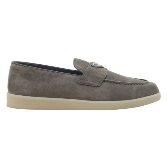 Prada Men's Grey Suede Penny Loafer Side View Side profile of a Prada Men's Grey Suede Penny Loafer with rubber sole