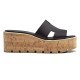 Hermes Eze Black Platform Sandal Side Profile Side profile view of the black leather wedge sandal showing the thick cork platform sole
