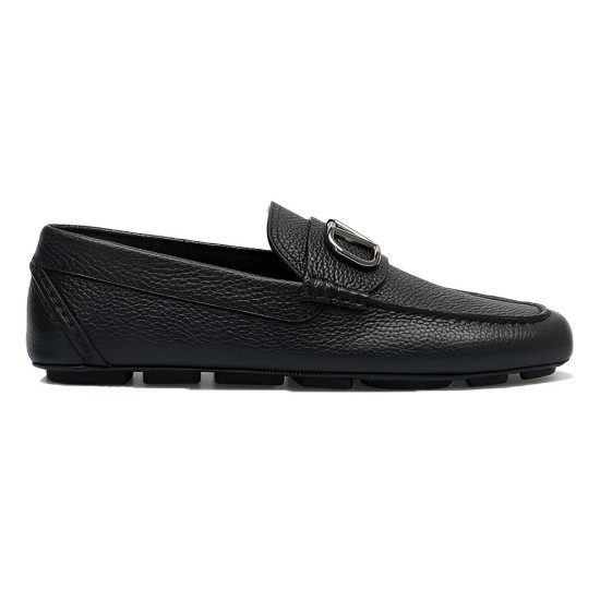 Valentino Men's Black Grained Leather Loafers Side Profile Valentino Men's Black Grained Leather Loafers side profile view showing textured leather and sole