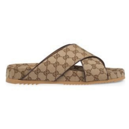 Gucci Cross Strap Monogram Slide Sandals Side View in beige and brown Gucci cross strap monogram slide sandals side profile in beige and brown