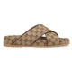 Gucci Cross Strap Monogram Slide Sandals Side View in beige and brown Gucci cross strap monogram slide sandals side profile in beige and brown