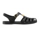 Gucci Black Rubber Sandals Side Profile in black and gold Studio profile view of Gucci black rubber sandals with gold buckle