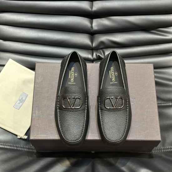 Valentino Men's Black Grained Leather Loafers Top Angle Valentino Men's Black Grained Leather Loafers pair shown from above highlighting hardware