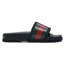 Gucci Rubber Slide Sandals With Striped Webbing