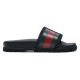 Gucci Slide Sandals Lateral Profile in Black in black and red Side profile view of black Gucci rubber slide sandals showcasing the red and green striped webbing strap