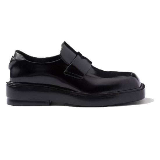 Prada Men's Brushed Leather Loafers In Black Side Profile Prada men's black brushed leather loafers viewed from the side profile
