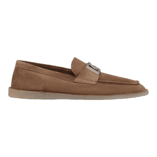 Dolce & Gabbana Men's Brown Suede Hardware Plaque Loafer side profile view