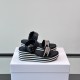 Dior Dway Wedge Sandals Angled View in blue Angled view of Dior Dway Wedge Sandals in deep blue embroidered cotton resting on a white box