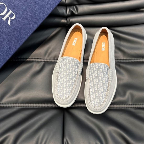Top-down pair view of Dior Men's Granville Grey Suede Patterned Loafers displaying the patterned vamp and tan leather lining in grey and white