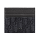Men's Front view of men card holder in black jacquard and grained calfskin showing card slots and metal logo