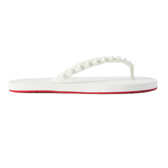 Christian Louboutin white spiked flat flip flop sandal side profile on white background