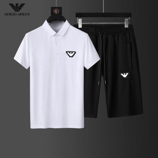 Armani Men's Short Sleeve Polo Shirt And Shorts White And Black Front View Armani Men's Short Sleeve Polo Shirt And Shorts in white and black hanging on display