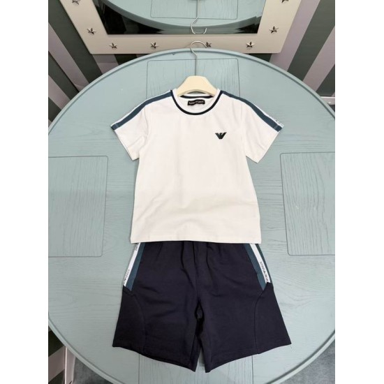 Armani Men's Short Sleeve T-Shirt And Shorts Set in white and navy blue Armani Men's Short Sleeve T-Shirt And Shorts Set in white and navy blue displayed flat