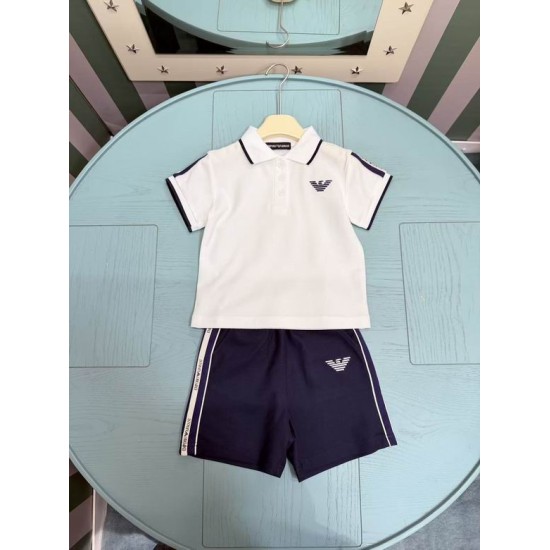 Armani Men's Short Sleeve Polo Shorts Set in white and navy displayed flat on a table