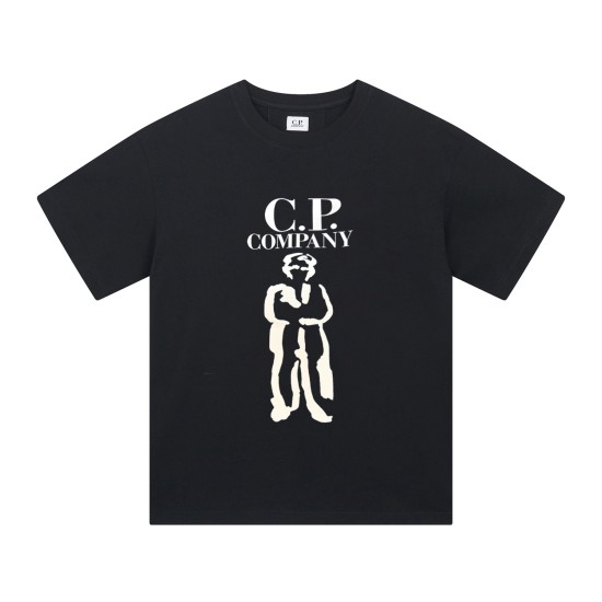 Front view of the black Cp Company Men's Black Graphic Logo T-Shirt featuring chest print