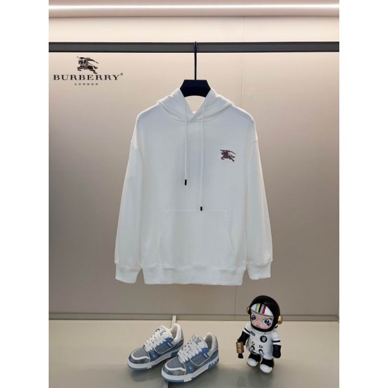 Burberry White Embroidered Motif Drawstring Hoodie Front View Burberry white embroidered motif cotton drawstring hoodie displayed on a hanger