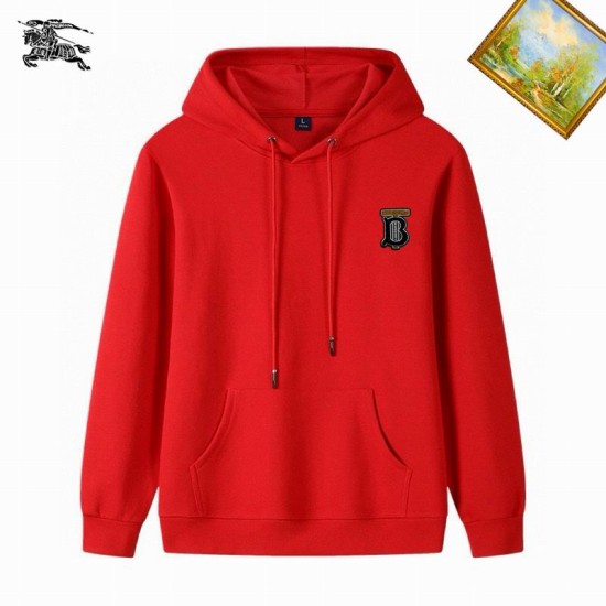 Burberry Red Logo Patch Hoodie Front View Front view of Burberry red drawstring hoodie with embroidered chest logo patch and kangaroo pocket