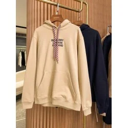 Burberry Beige Logo Embroidered Check Drawstring Cotton Hoodie Burberry Beige Logo Embroidered Check Drawstring Cotton Hoodie