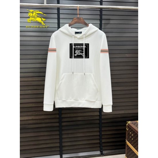 Burberry White Graphic Print Logo Hoodie Front View Front view of Burberry white drawstring graphic hoodie with sleeve stripes hanging on a rack