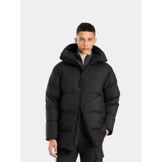 Canada Goose Men's Black Long Hooded Puffer Coat - Model Front Model wearing Canada Goose men's black long hooded puffer coat