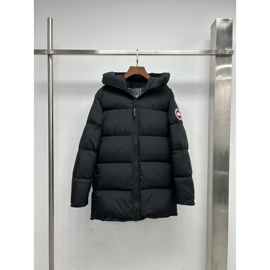 Canada Goose Men's Black Long Hooded Puffer Coat - Front View Canada Goose men's black long hooded puffer coat hanging view