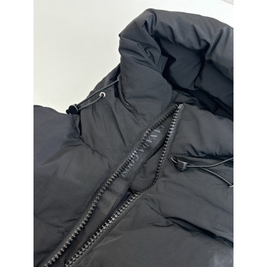 Canada Goose Men's Hooded Quilted Puffer Coat - Dual Color Display Canada Goose Men's Hooded Quilted Puffer Coat in Beige and Dark Grey hanging on display