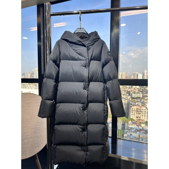 Canada Goose women's long black puffer coat hanging front view