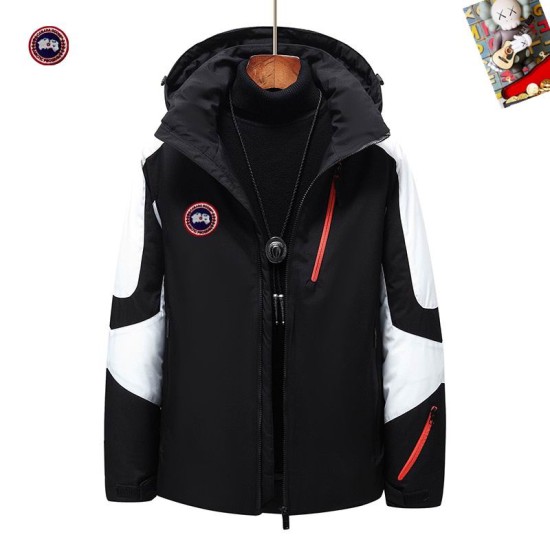 Front view of Canada Goose Men's hooded coat in black with white sleeve panels and red zips
