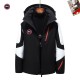 Front view of Canada Goose Men's hooded coat in black with white sleeve panels and red zips