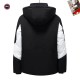 Back view of Canada Goose Men's hooded coat displaying black body and white sleeve accents