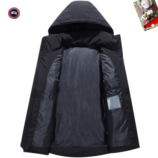 Interior view of open Canada Goose Men's coat showing black lining and inner pocket in black and white