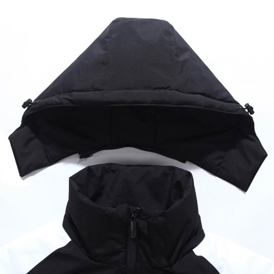 Men's Detachable black hood section shown removed from the high collar of the coat in black and white