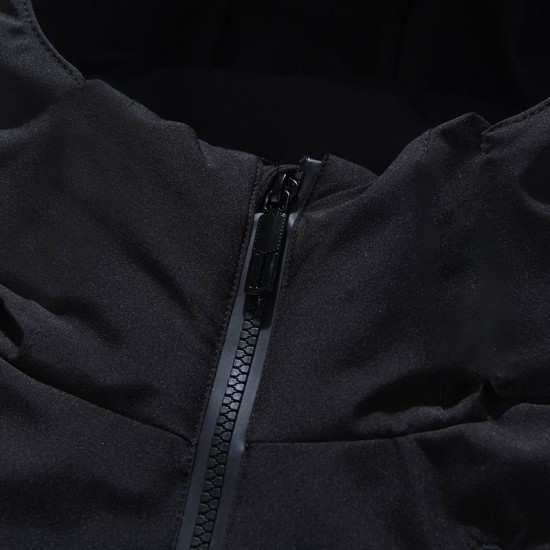 Men's Close-up of the high stand collar with front zipper fully closed in black and white