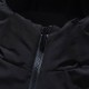 Men's Close-up of the high stand collar with front zipper fully closed in black and white