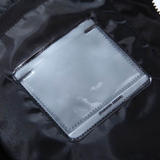 Men's Detailed view of the internal clear pocket patch lined inside the jacket in black and white