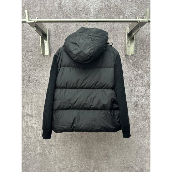 Back view of the black Canada Goose Men's Knitted-Sleeve Hooded Puffer Coat