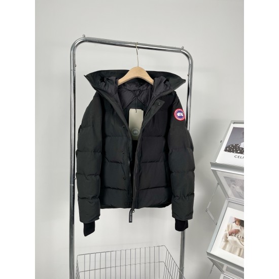 Canada Goose men's black puffer coat front zip and tags detail