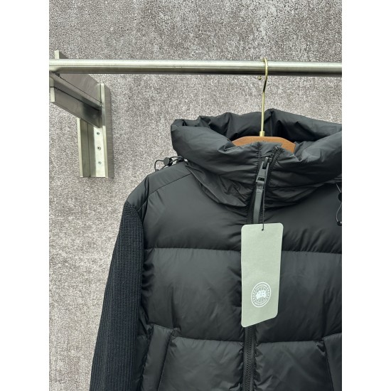 Collar and upper front detail of the black Canada Goose Men's Knitted-Sleeve Hooded Puffer Coat