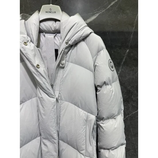 Canada Goose Women's Light Grey Belted Long Puffer Coat Upper Detail