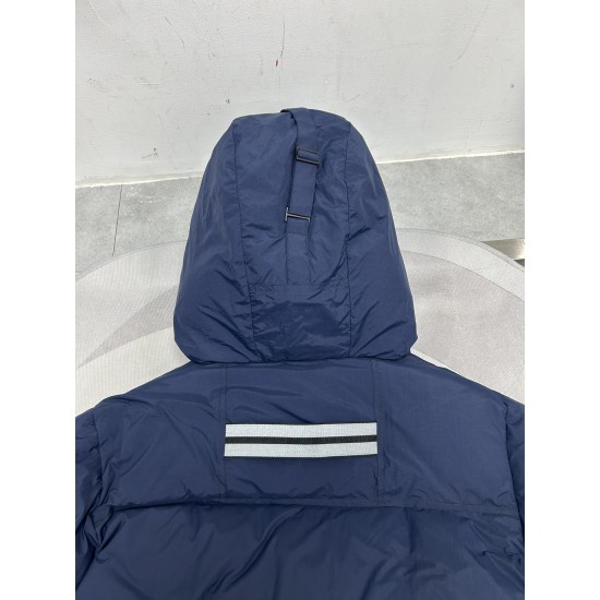Close-up of hood strap and back stripe on Canada Goose men's coat