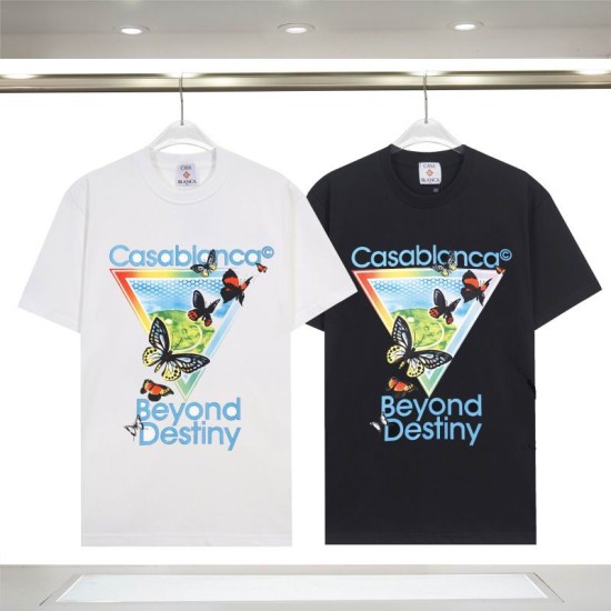 Casablanca Men's Beyond Destiny Butterfly Printed Cotton T-Shirts in white and black options displayed on hangers