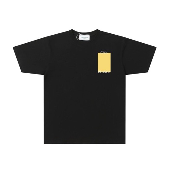 Front view of the Casablanca Men's Black Box Logo Print Cotton T-Shirt displaying the yellow chest graphic