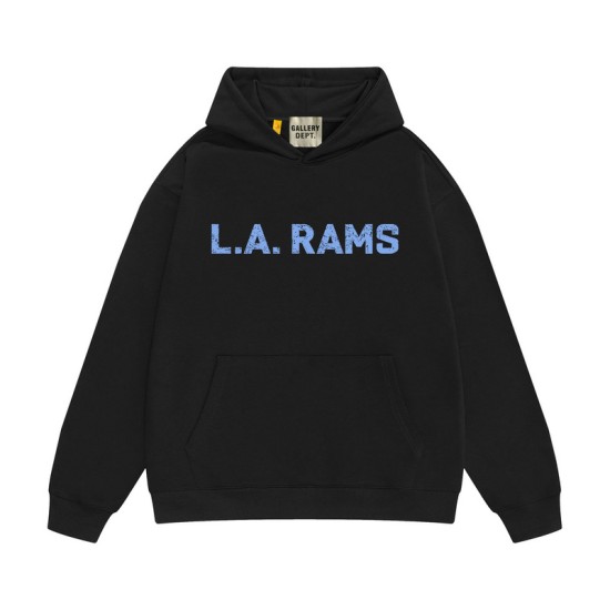 Front view of Gallery Dept Black LA Rams Printed Cotton Hoodie showing light blue chest graphic and kangaroo pocket