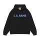 Front view of Gallery Dept Black LA Rams Printed Cotton Hoodie showing light blue chest graphic and kangaroo pocket