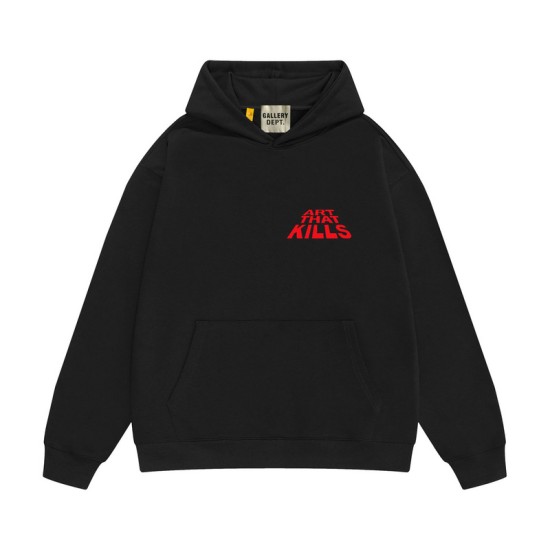 Front view of Gallery Dept black hoodie with red Art That Kills graphic and kangaroo pocket