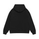 Rear view of Gallery Dept black script print crossover hooded sweatshirt showing plain back design and hood in black and white